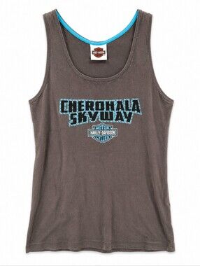 Harley-Davidson Gray Tank Top with Blue Trim and Cherohala Skyway Graphic